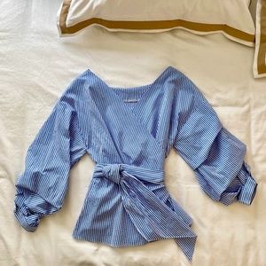 NWOT Blue and White Striped Wrap Front Tie Shirt